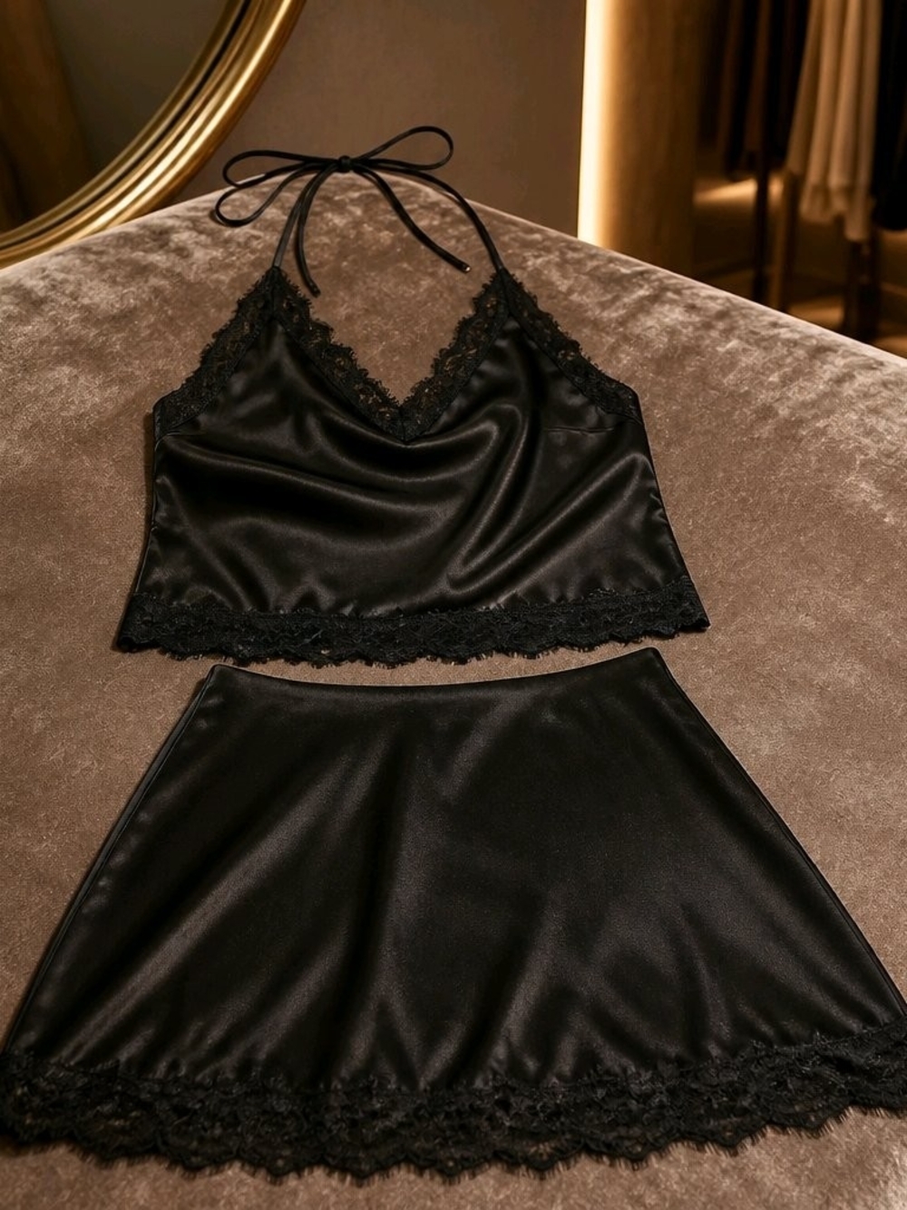 Satin Lace-Trim Halter Cami & Mini Skirt Sleep Set - Black
